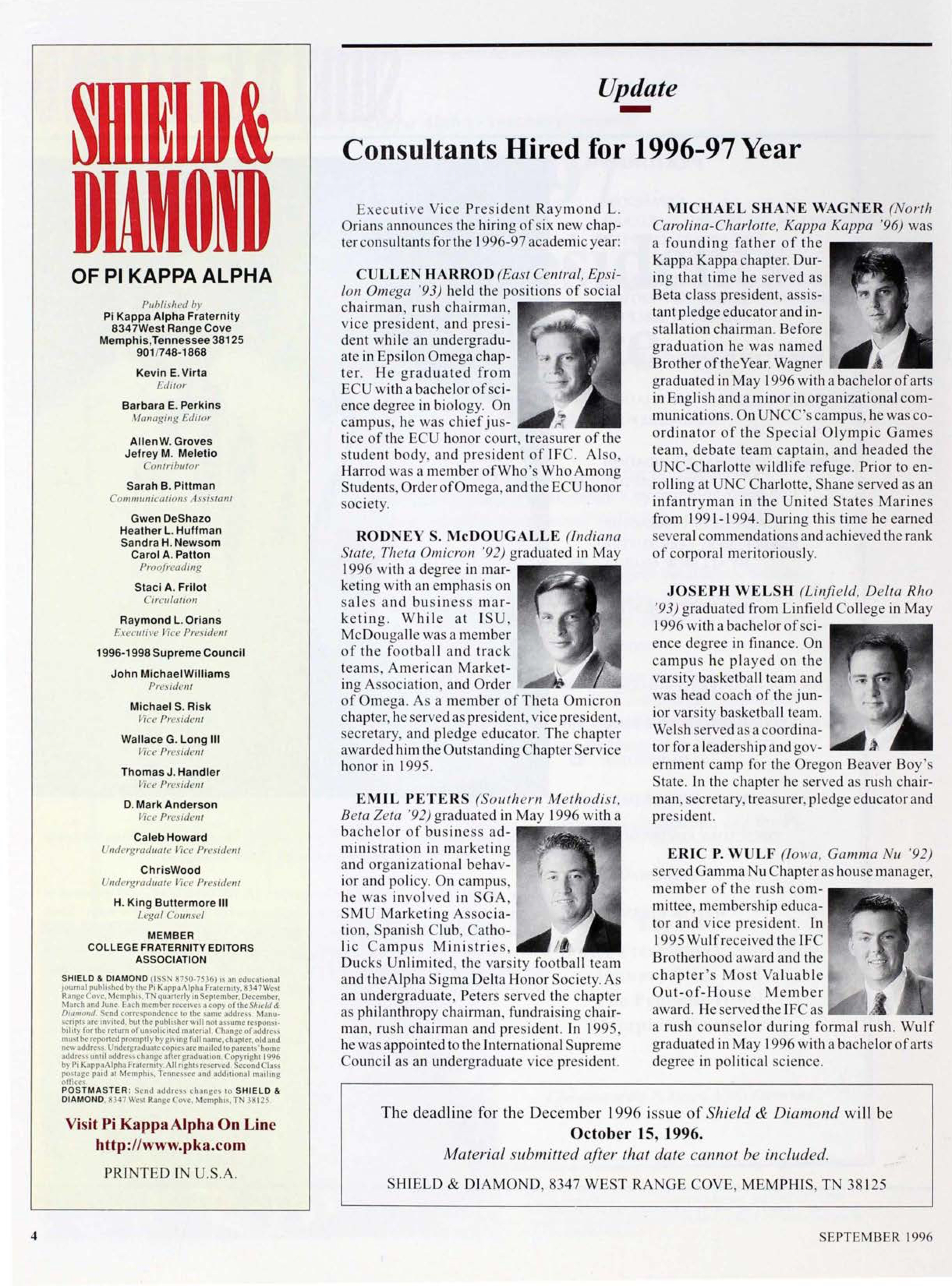 Shield & Diamond of Pi Kappa Alpha, September 1996